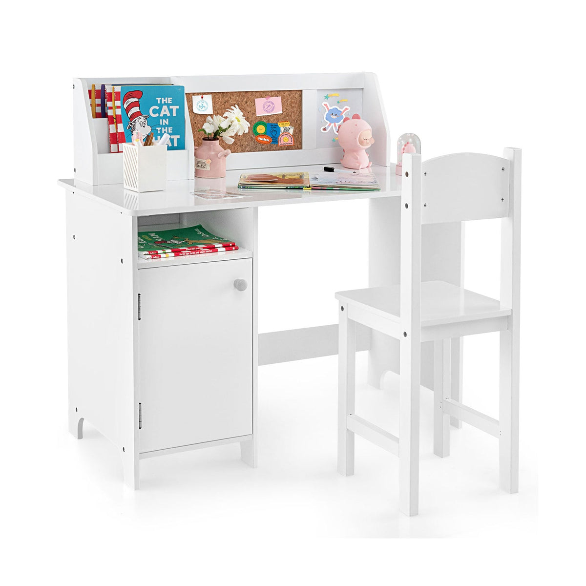 Bureau et chaise d'étude en bois pour enfants avec armoire de rangement et tableau d'affichage – Blanc