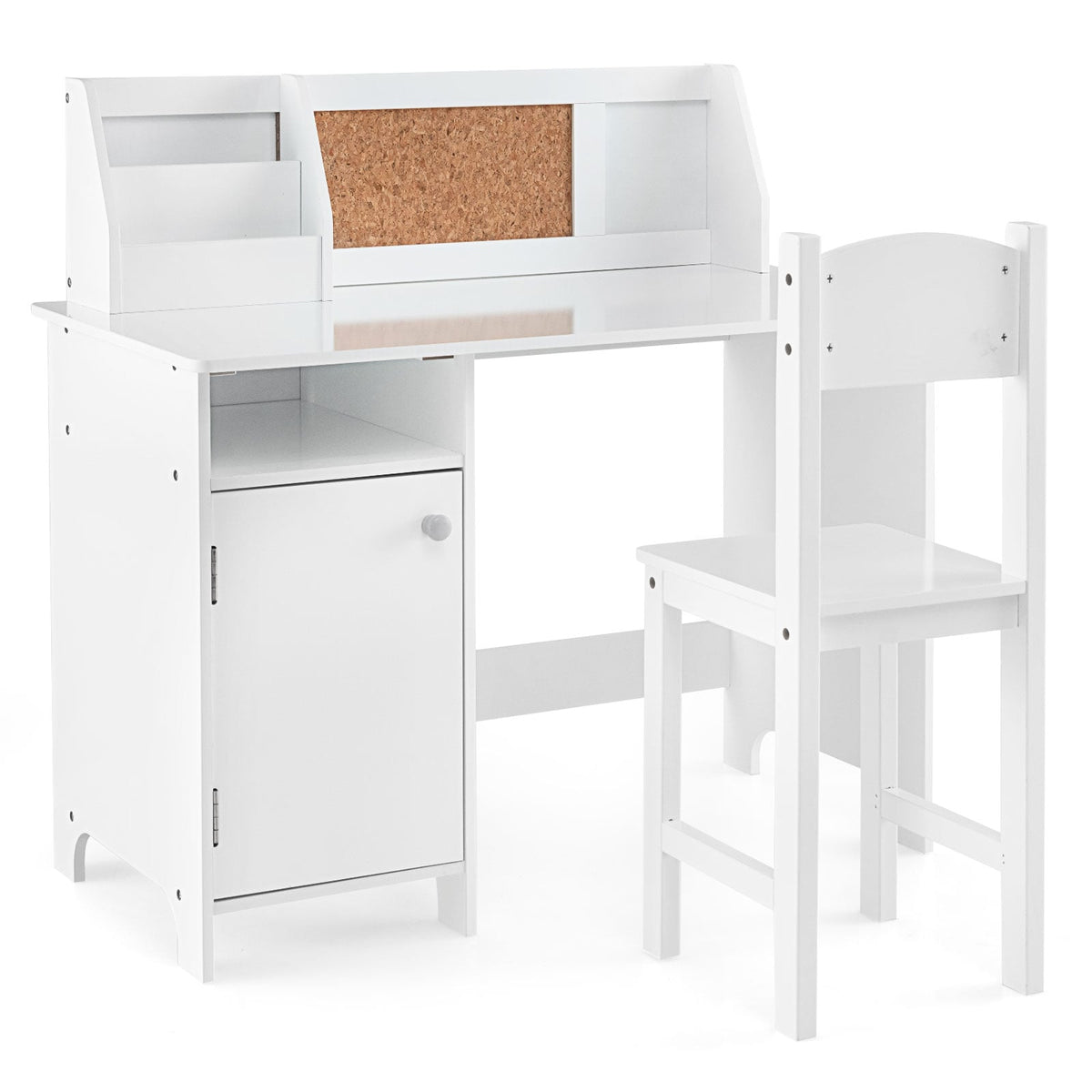 Bureau et chaise d'étude en bois pour enfants avec armoire de rangement et tableau d'affichage – Blanc