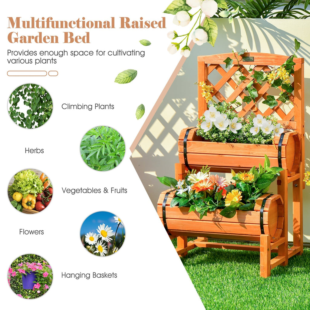 2 Tier Raised Garden Bed with Cylindrical Planter Boxes and Trellis in Orange