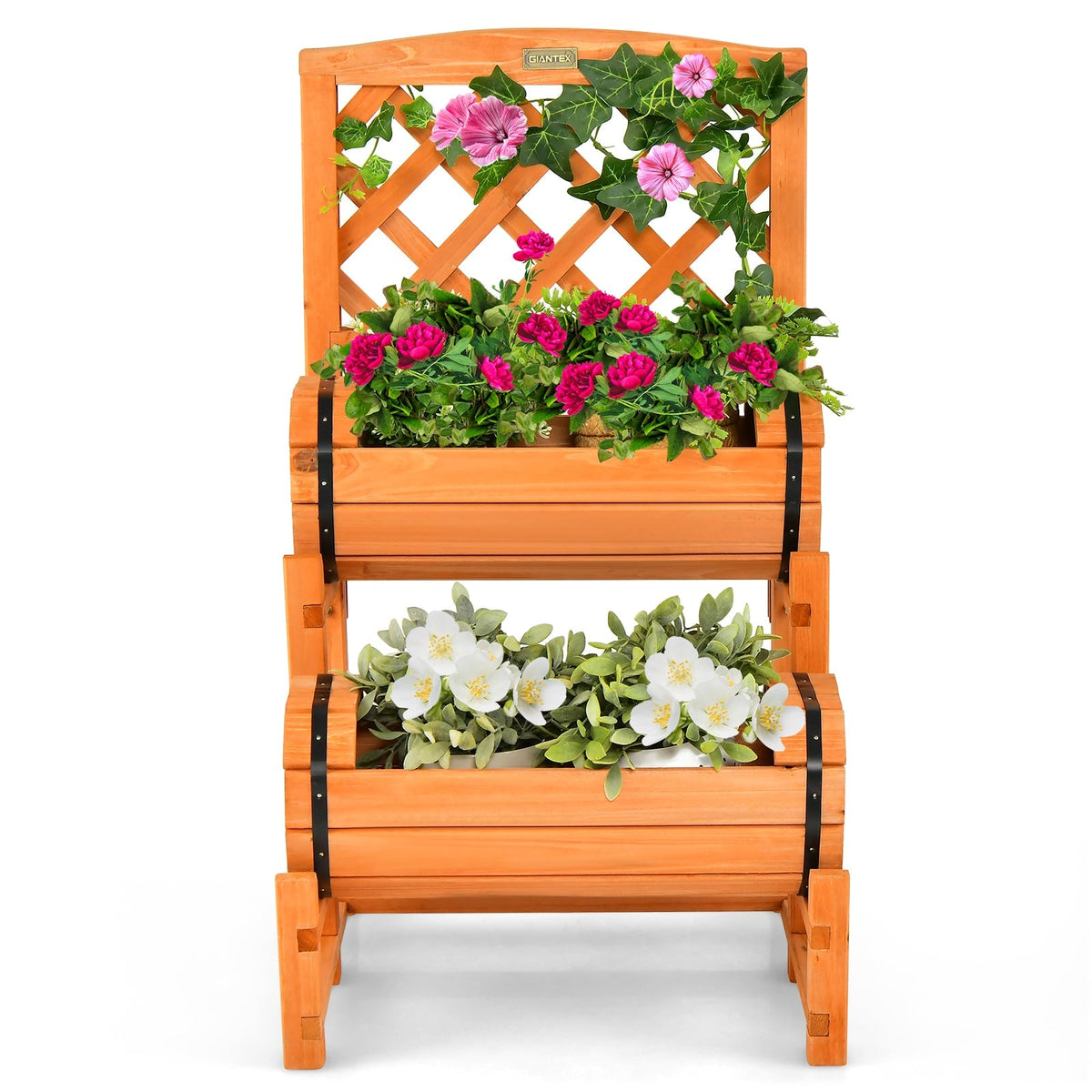 2-stufiges Hochbeet mit zylindrischen Pflanzkästen und Rankgitter in Orange