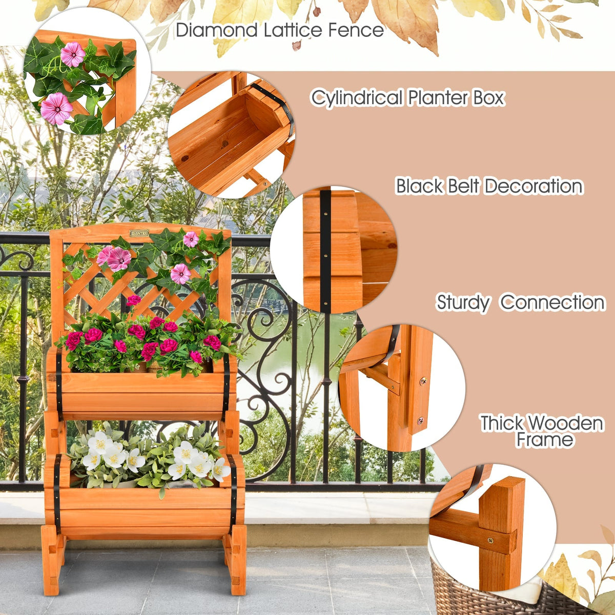 2 Tier Raised Garden Bed with Cylindrical Planter Boxes and Trellis in Orange
