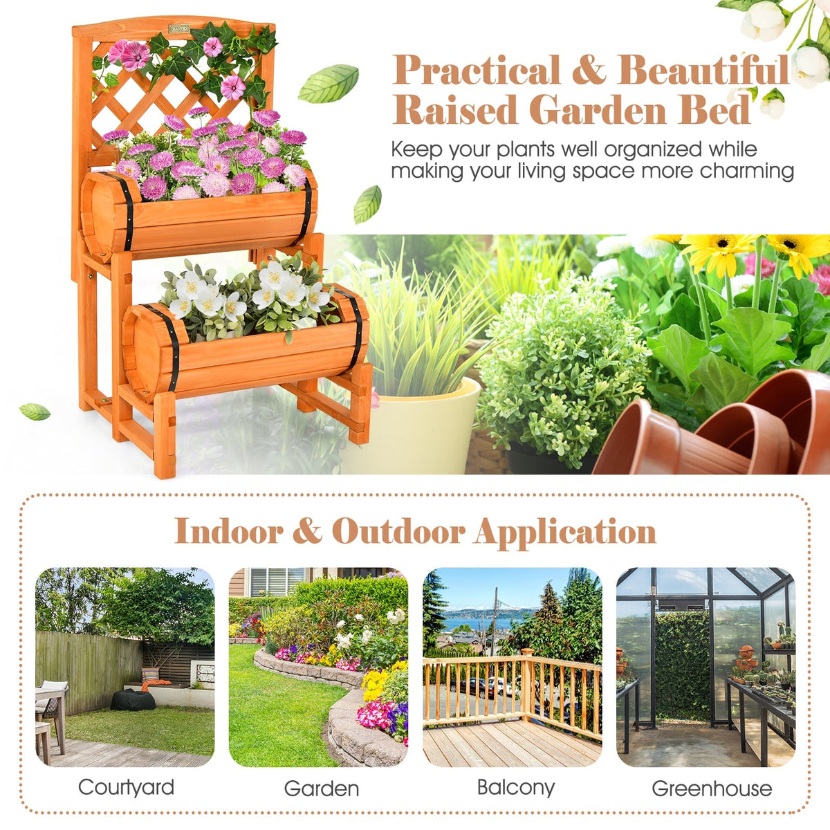 2 Tier Raised Garden Bed with Cylindrical Planter Boxes and Trellis in Orange