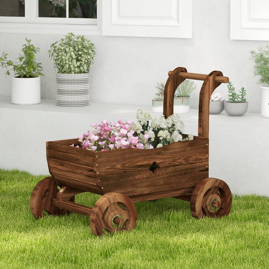 Dekorativer Blumenwagen aus Holz, 68 cm (27 Zoll) Pflanzkübel aus karbonisiertem Tannenholz mit 4 Rädern