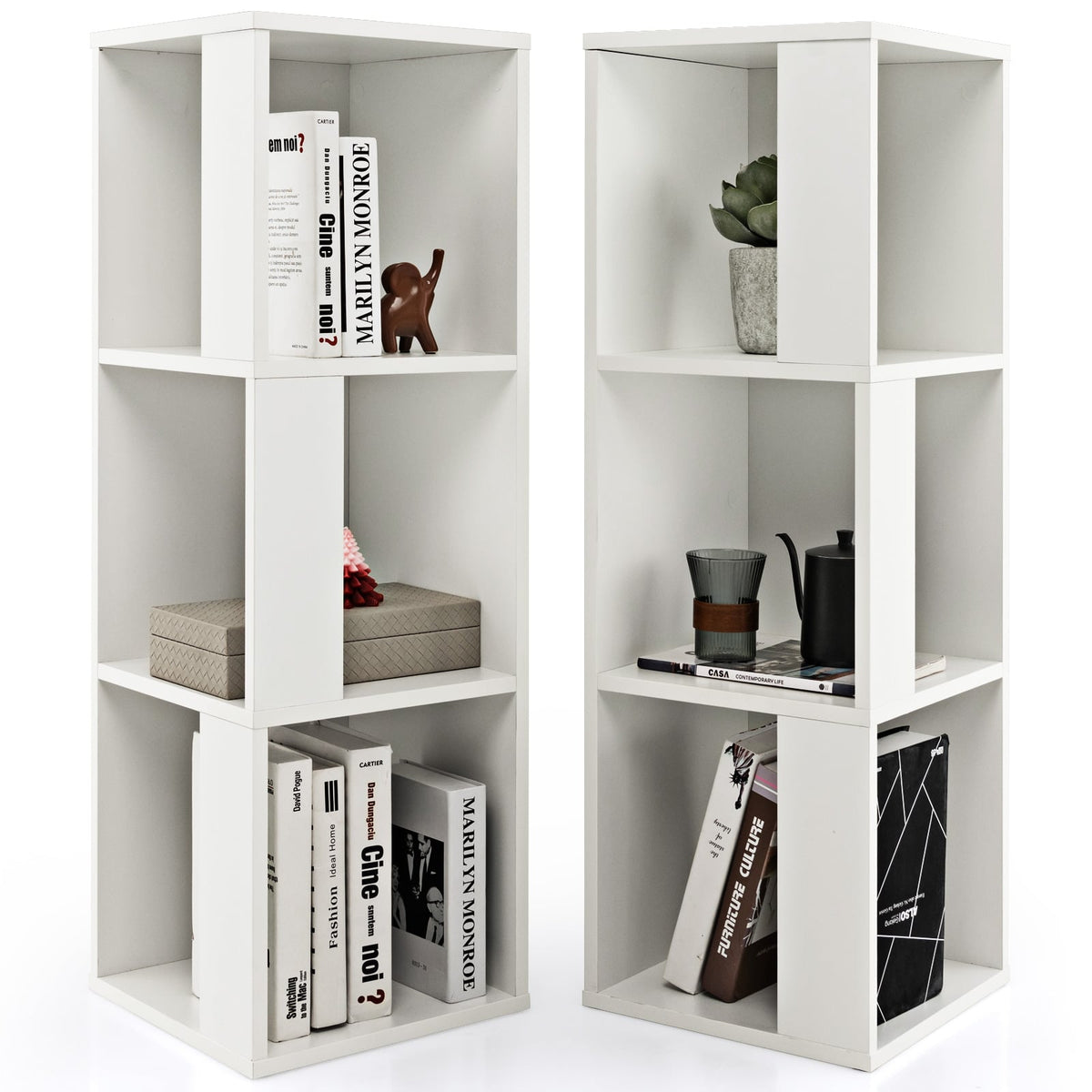 3-stufiges Bücherregal-Set, 6 Fächer in zwei freistehenden Einheiten, Weiß