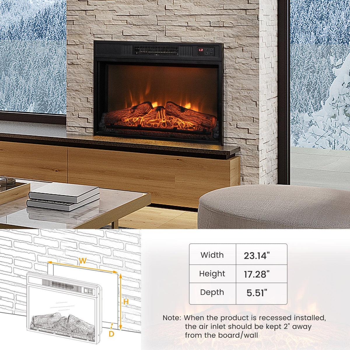 18/23 Zoll Einbau-Elektrokamin mit einstellbarer LED-Flamme – 23 Zoll
