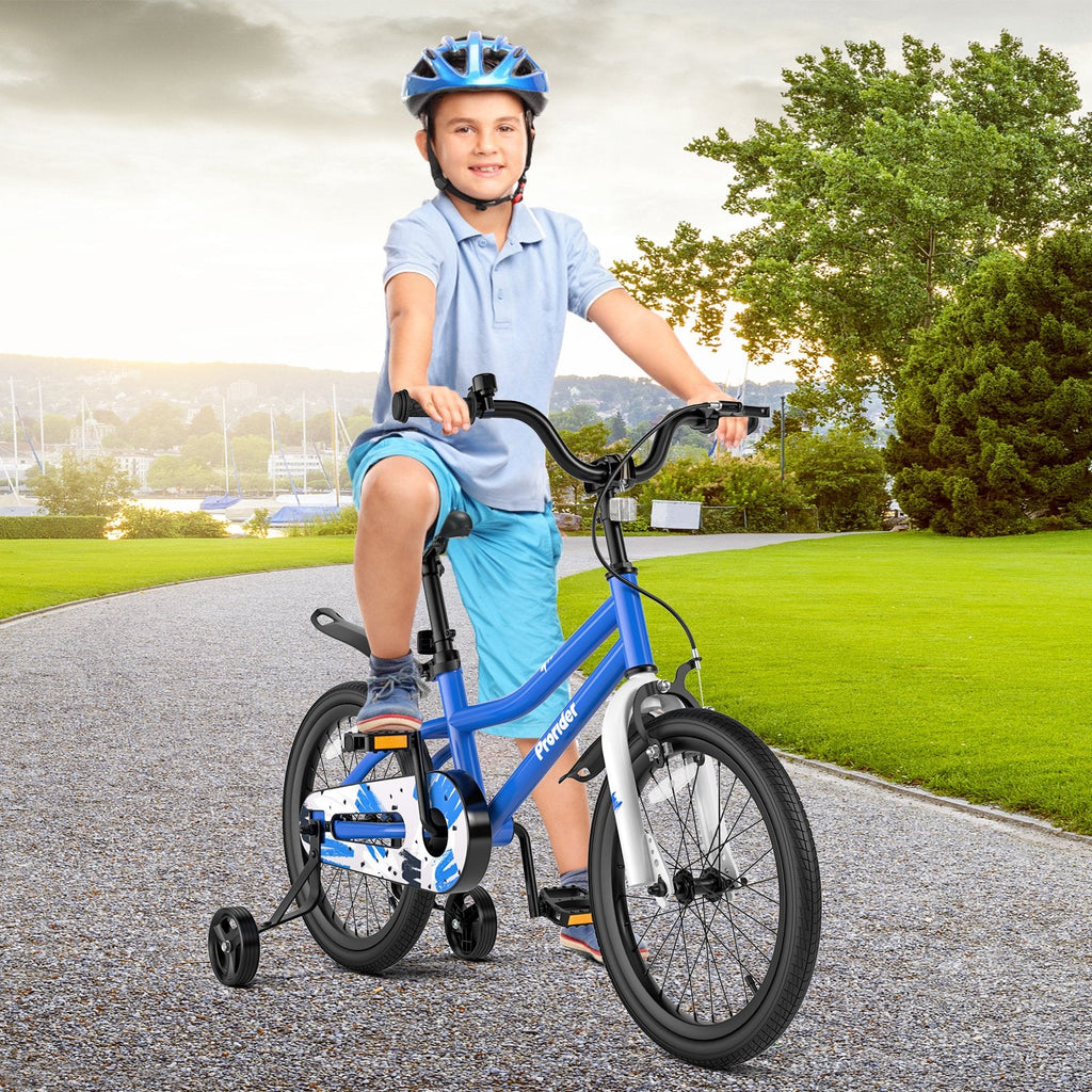 Vélo pour enfant de 18 pouces avec roues d'apprentissage amovibles et béquille, Bleu