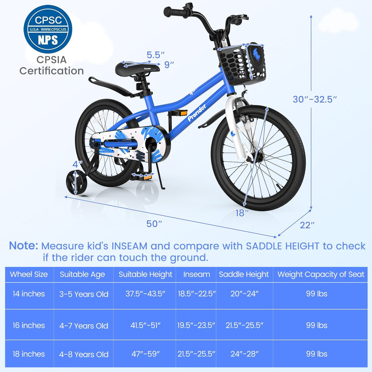 18 Inch Kids Bike with Removable Training Wheels and Kickstand, Blue