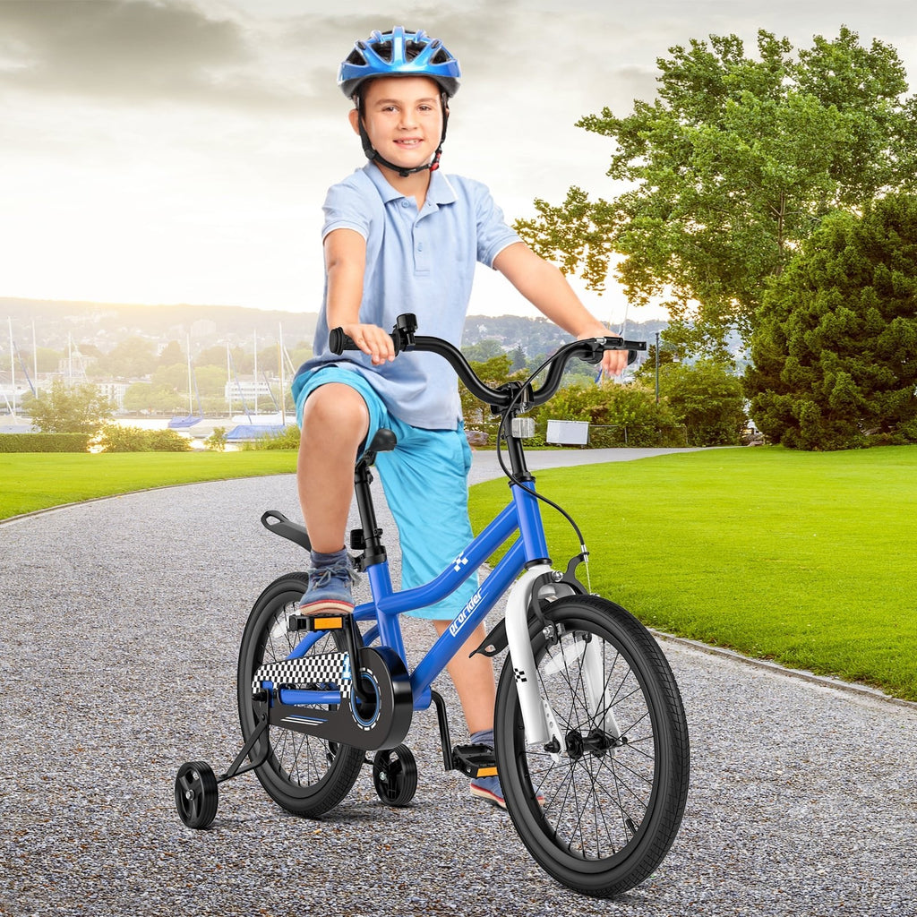 18-Zoll-Kinderfahrrad mit abnehmbaren Stützrädern und Seitenständer, Marineblau