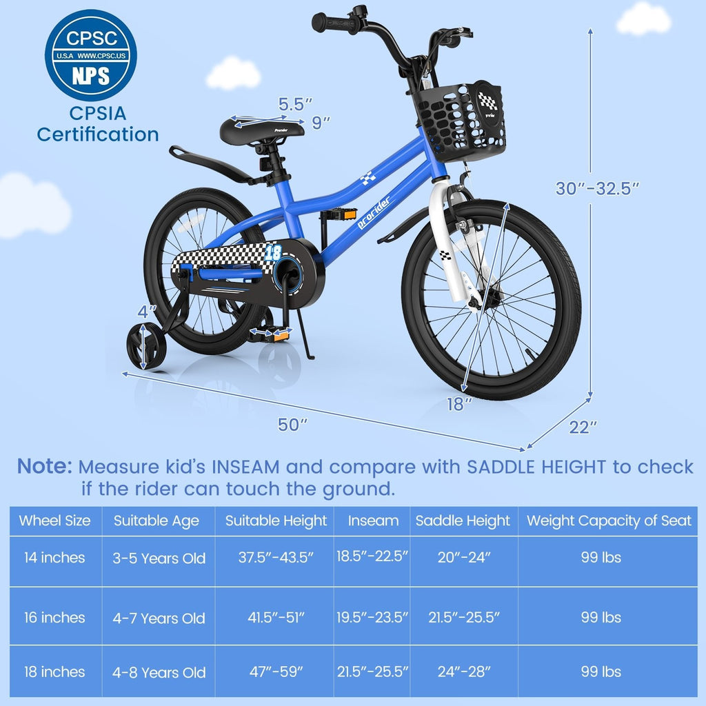18-Zoll-Kinderfahrrad mit abnehmbaren Stützrädern und Seitenständer, Marineblau