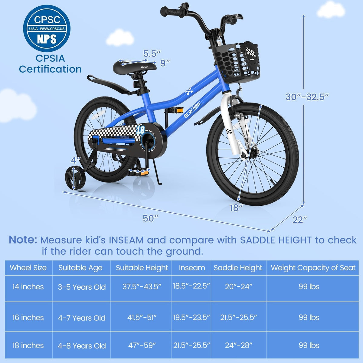18-Zoll-Kinderfahrrad mit abnehmbaren Stützrädern und Seitenständer, Marineblau