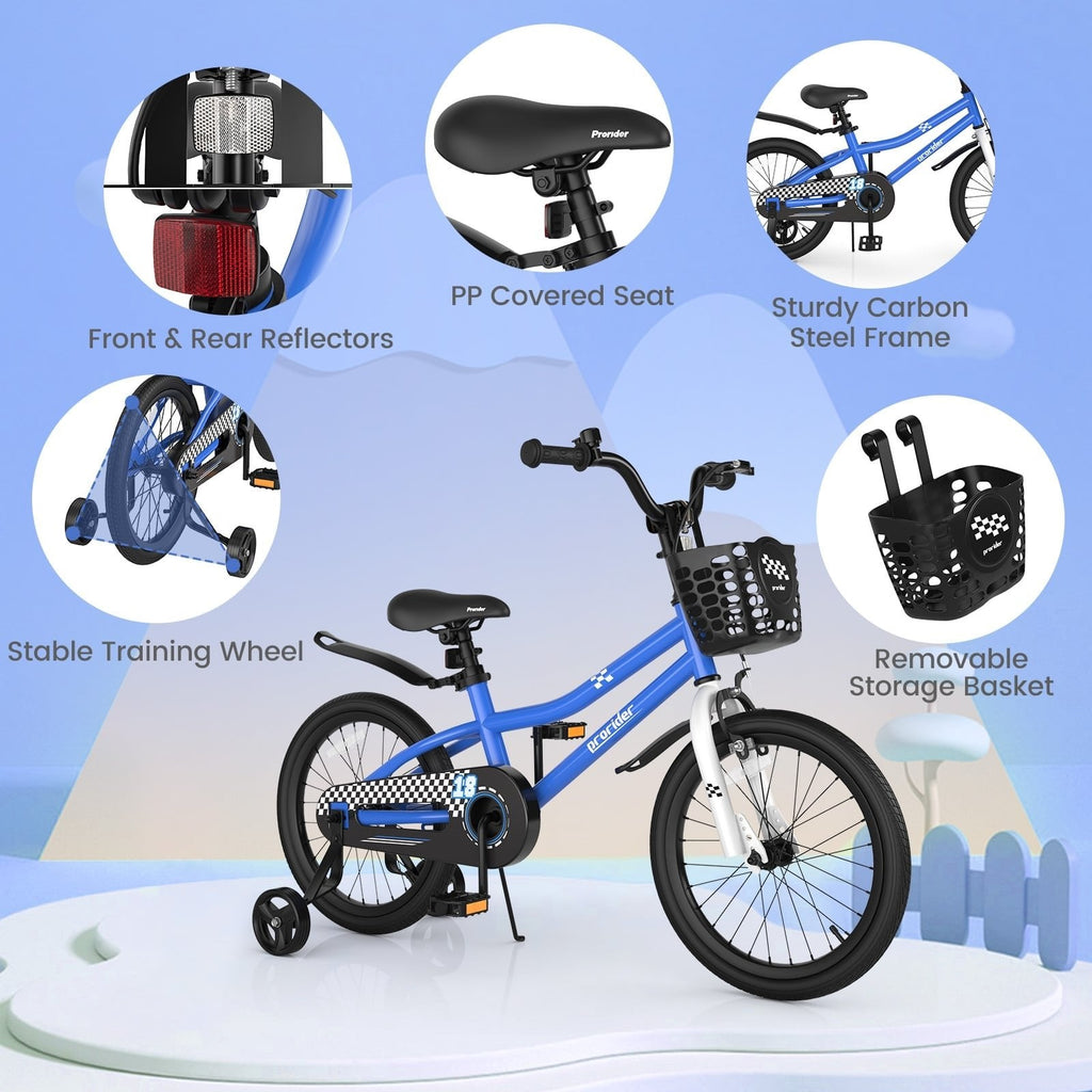 18-Zoll-Kinderfahrrad mit abnehmbaren Stützrädern und Seitenständer, Marineblau