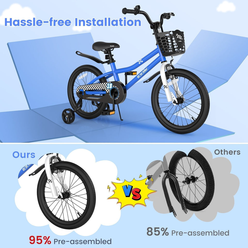 18-Zoll-Kinderfahrrad mit abnehmbaren Stützrädern und Seitenständer, Marineblau