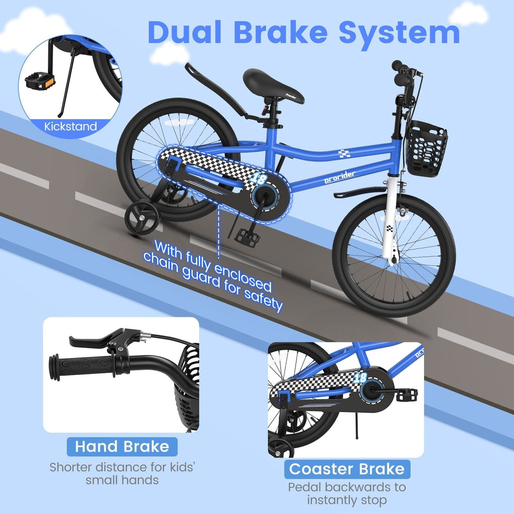 18-Zoll-Kinderfahrrad mit abnehmbaren Stützrädern und Seitenständer, Marineblau