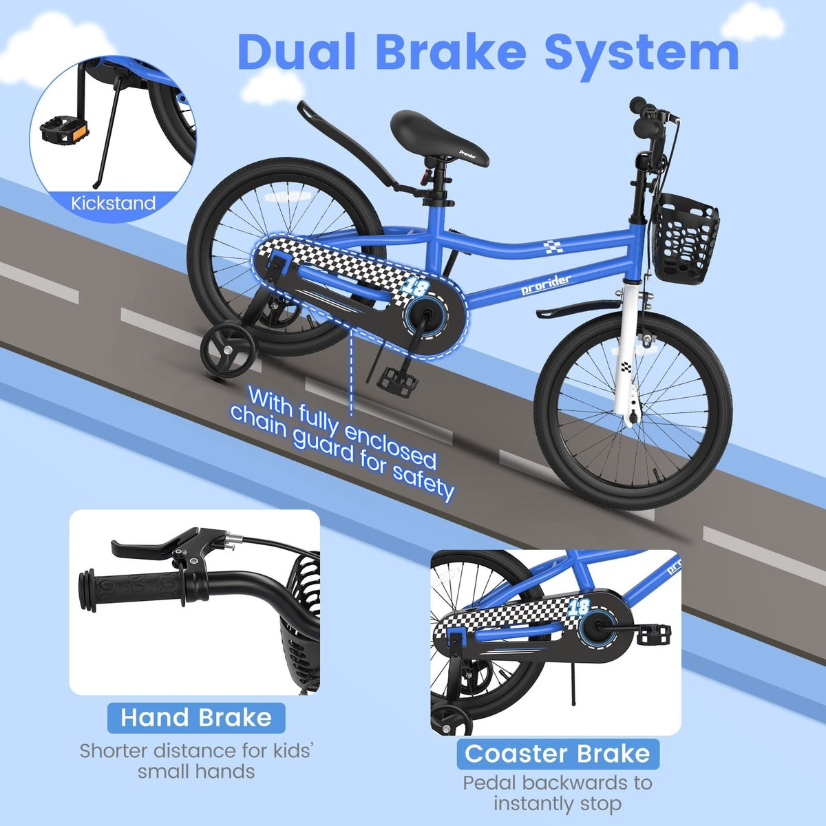 18-Zoll-Kinderfahrrad mit abnehmbaren Stützrädern und Seitenständer, Marineblau