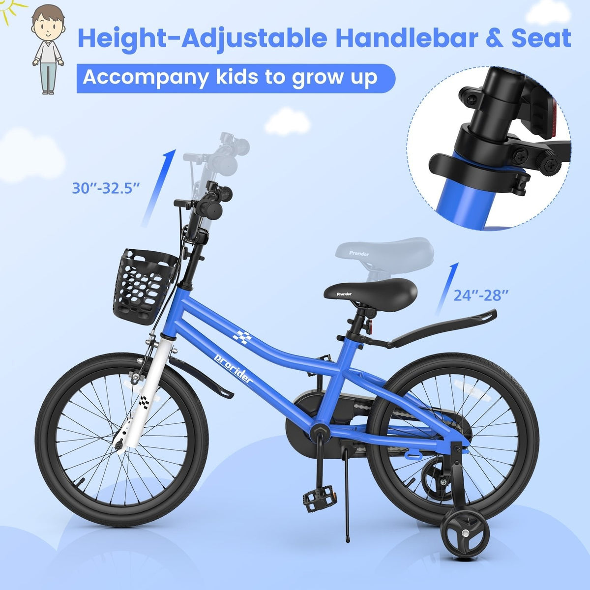 18-Zoll-Kinderfahrrad mit abnehmbaren Stützrädern und Seitenständer, Marineblau