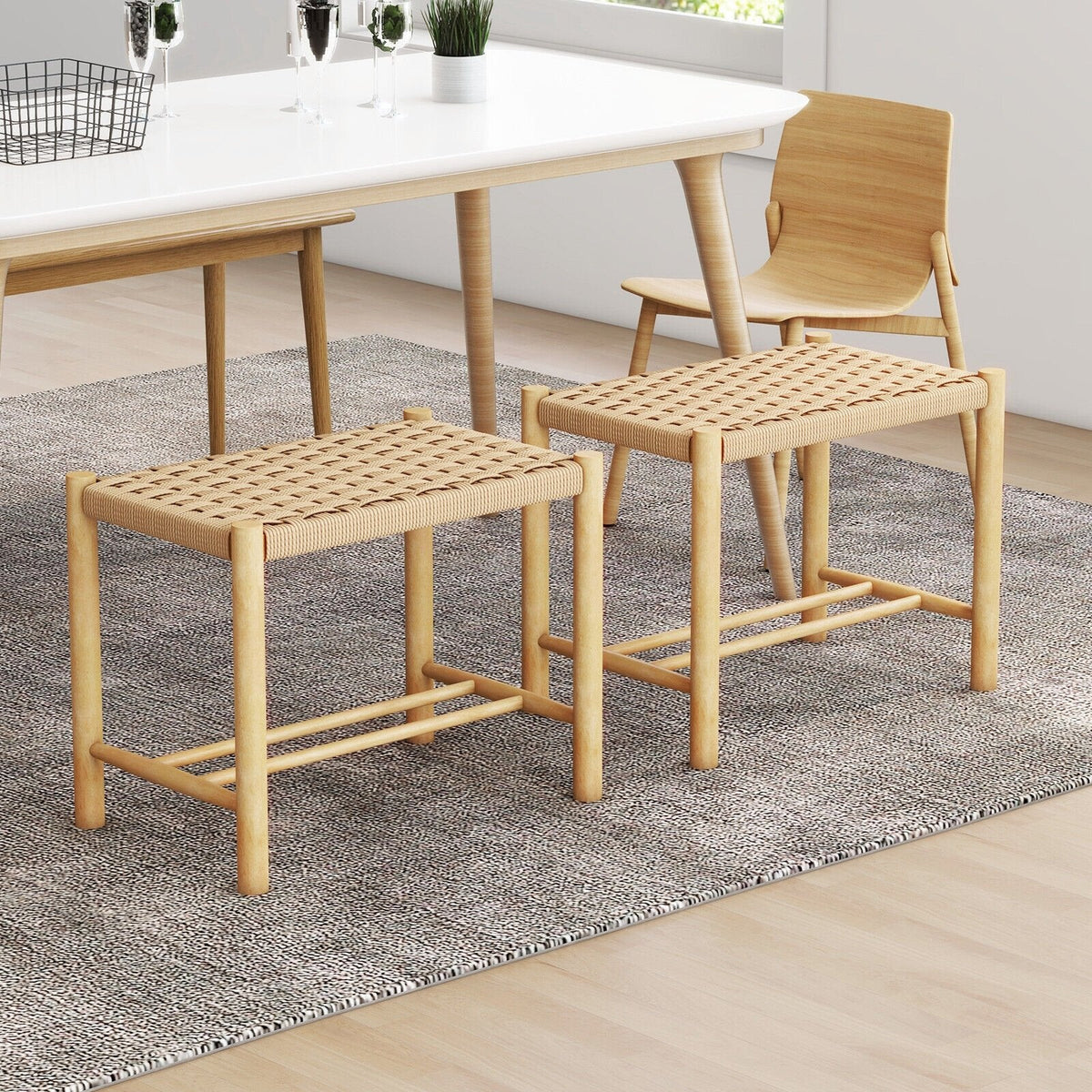 Juego de 2 taburetes de comedor de cuerda de papel trenzada, altura del asiento de 18 pulgadas, estructura de madera de caucho natural