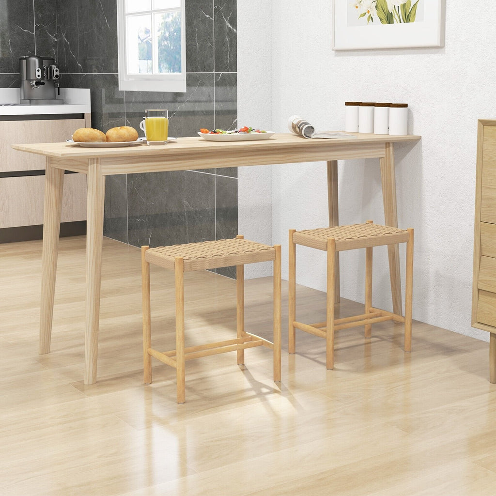 Juego de 2 taburetes de comedor de cuerda de papel trenzada, altura del asiento de 18 pulgadas, estructura de madera de caucho natural