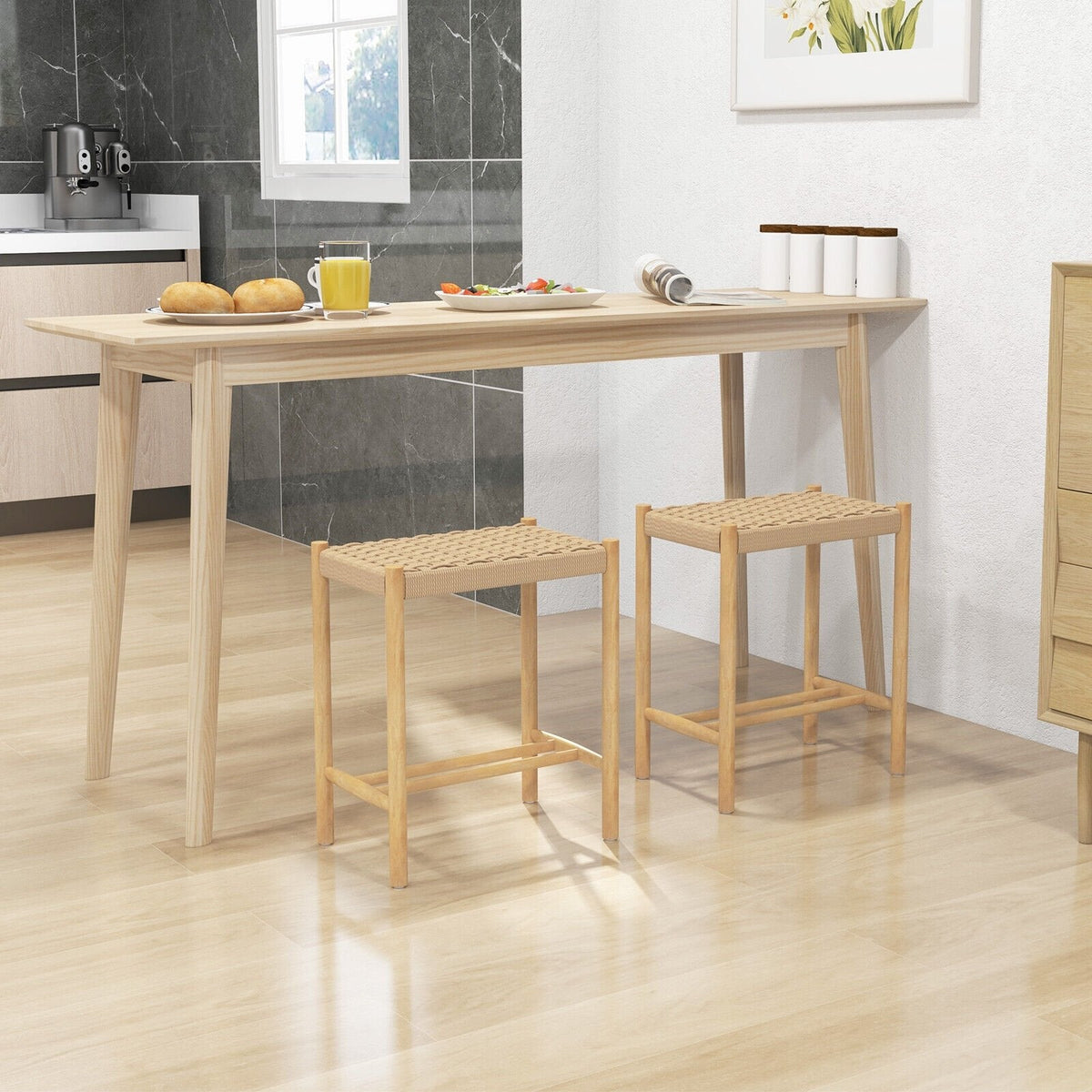 Juego de 2 taburetes de comedor de cuerda de papel trenzada, altura del asiento de 18 pulgadas, estructura de madera de caucho natural