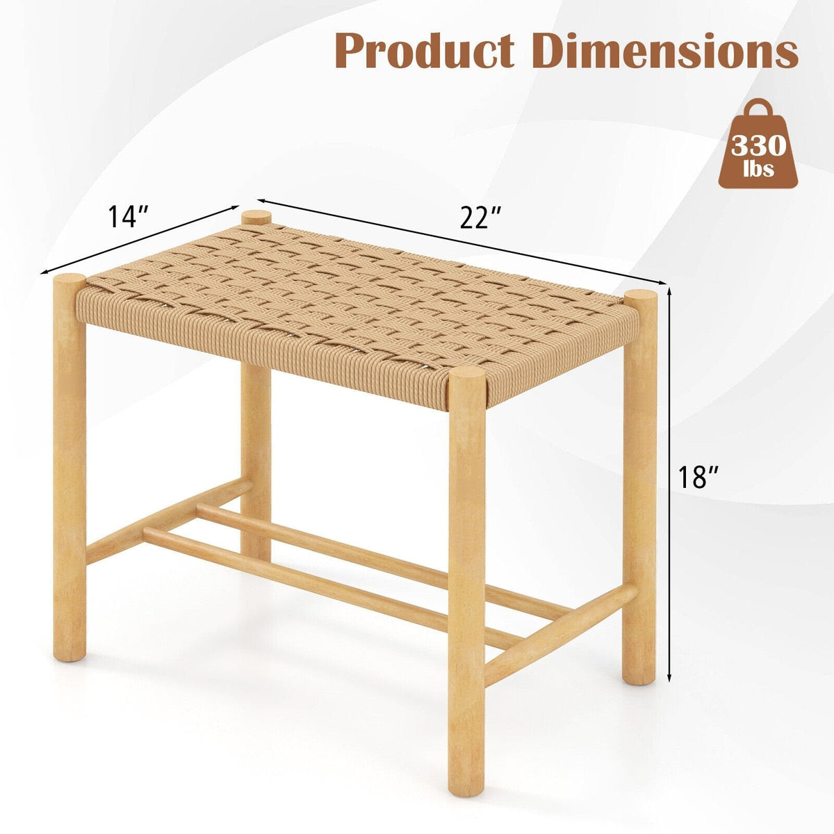 Juego de 2 taburetes de comedor de cuerda de papel trenzada, altura del asiento de 18 pulgadas, estructura de madera de caucho natural