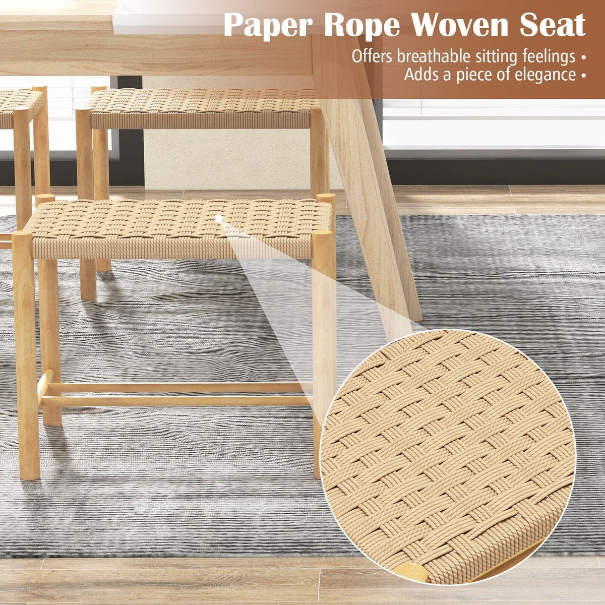 Juego de 2 taburetes de comedor de cuerda de papel trenzada, altura del asiento de 18 pulgadas, estructura de madera de caucho natural