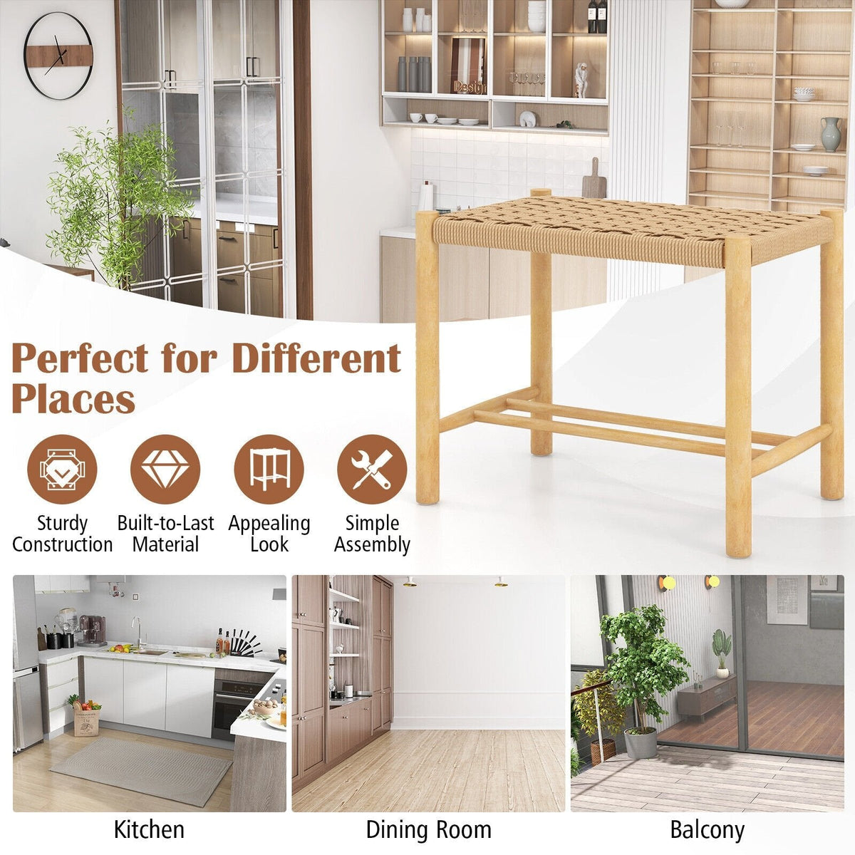 Juego de 2 taburetes de comedor de cuerda de papel trenzada, altura del asiento de 18 pulgadas, estructura de madera de caucho natural