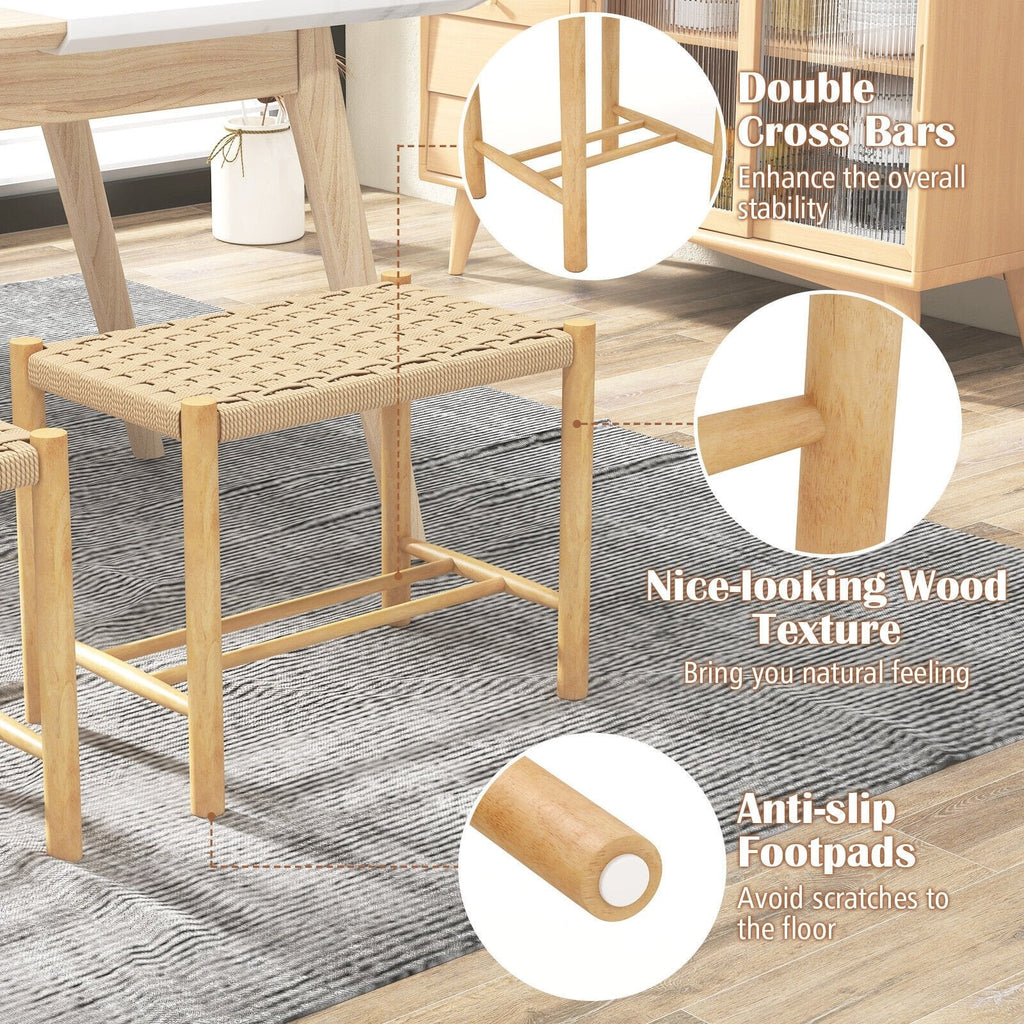 Juego de 2 taburetes de comedor de cuerda de papel trenzada, altura del asiento de 18 pulgadas, estructura de madera de caucho natural