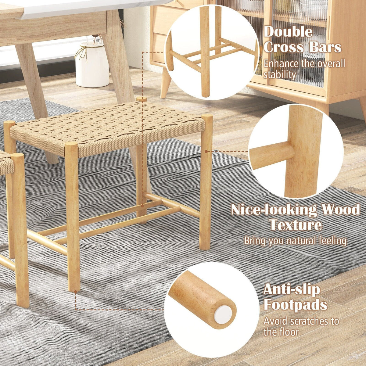 Juego de 2 taburetes de comedor de cuerda de papel trenzada, altura del asiento de 18 pulgadas, estructura de madera de caucho natural