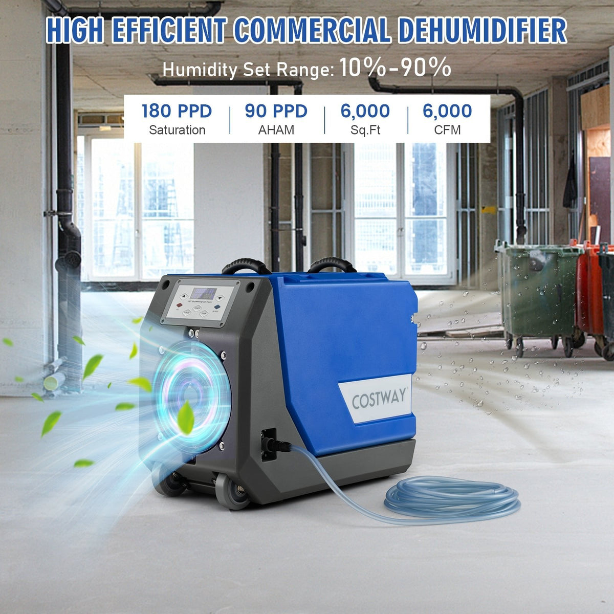 180 PPD Commercial Dehumidifier, 90 Pints AHAM, Built-in Pump, 341 CFM, Rotomoulded, Blue