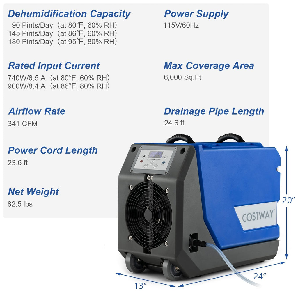 Gewerblicher Luftentfeuchter mit 180 PPD, 90 Pints AHAM, integrierter Pumpe, 341 CFM, rotationsgeformt, blau
