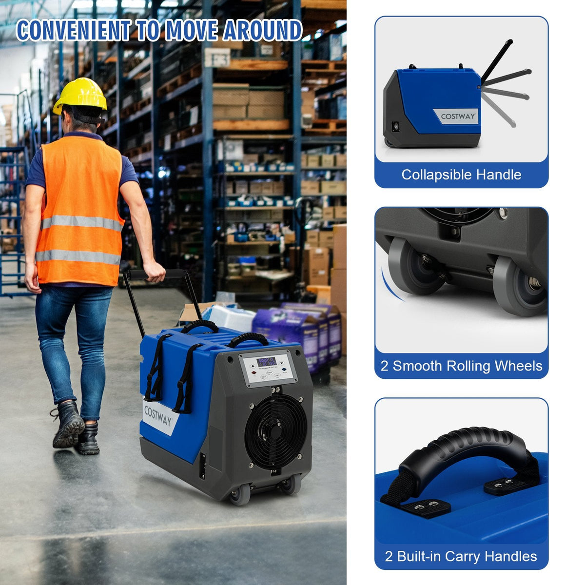 Gewerblicher Luftentfeuchter mit 180 PPD, 90 Pints AHAM, integrierter Pumpe, 341 CFM, rotationsgeformt, blau