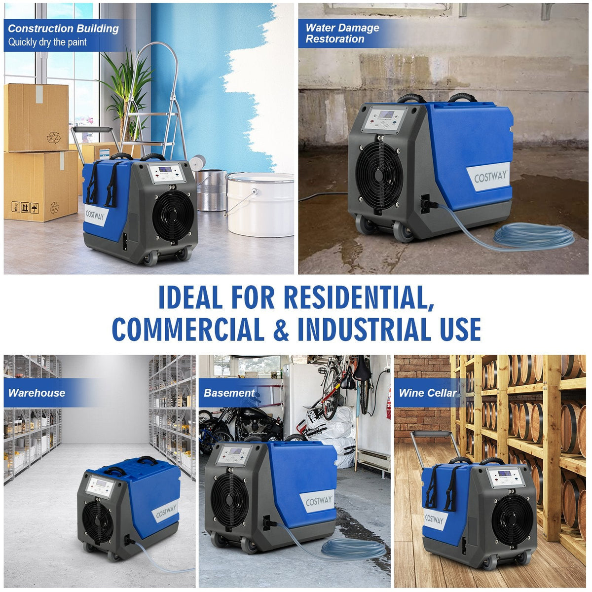 Gewerblicher Luftentfeuchter mit 180 PPD, 90 Pints AHAM, integrierter Pumpe, 341 CFM, rotationsgeformt, blau