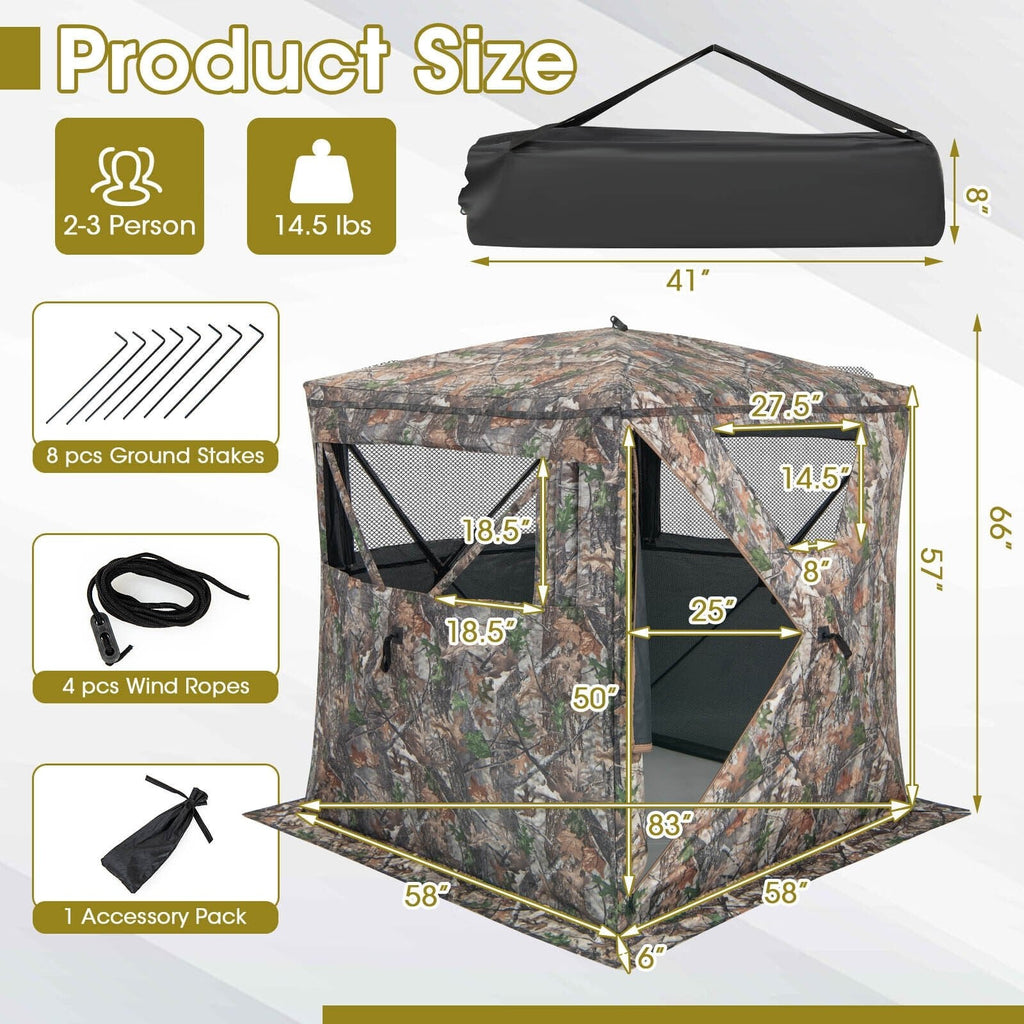 Tente d'affût de chasse portable pop-up 2-3 personnes avec sac de transport et poche de rangement