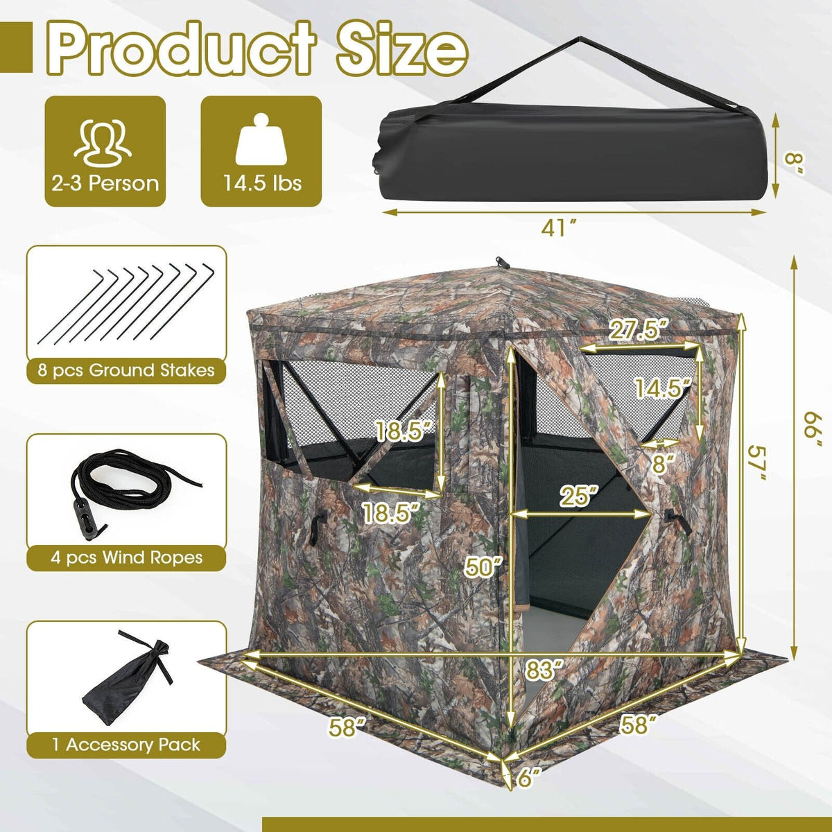 Tente d'affût de chasse portable pop-up 2-3 personnes avec sac de transport et poche de rangement