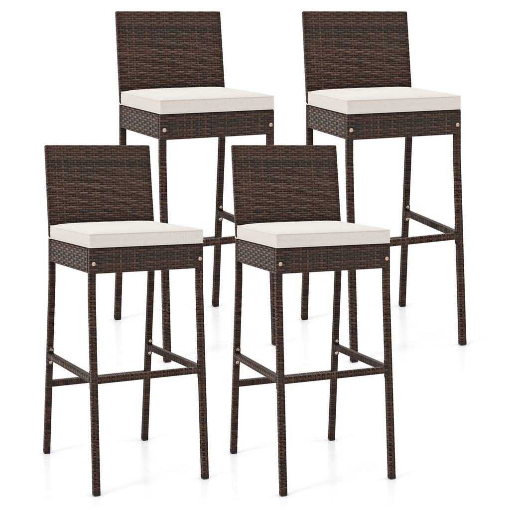 Juego de 4 taburetes de bar de mimbre para patio con cojín de asiento y reposapiés - Juego de 4