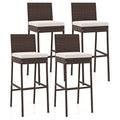 Juego de 4 taburetes de bar de mimbre para patio con cojín de asiento y reposapiés - Juego de 4