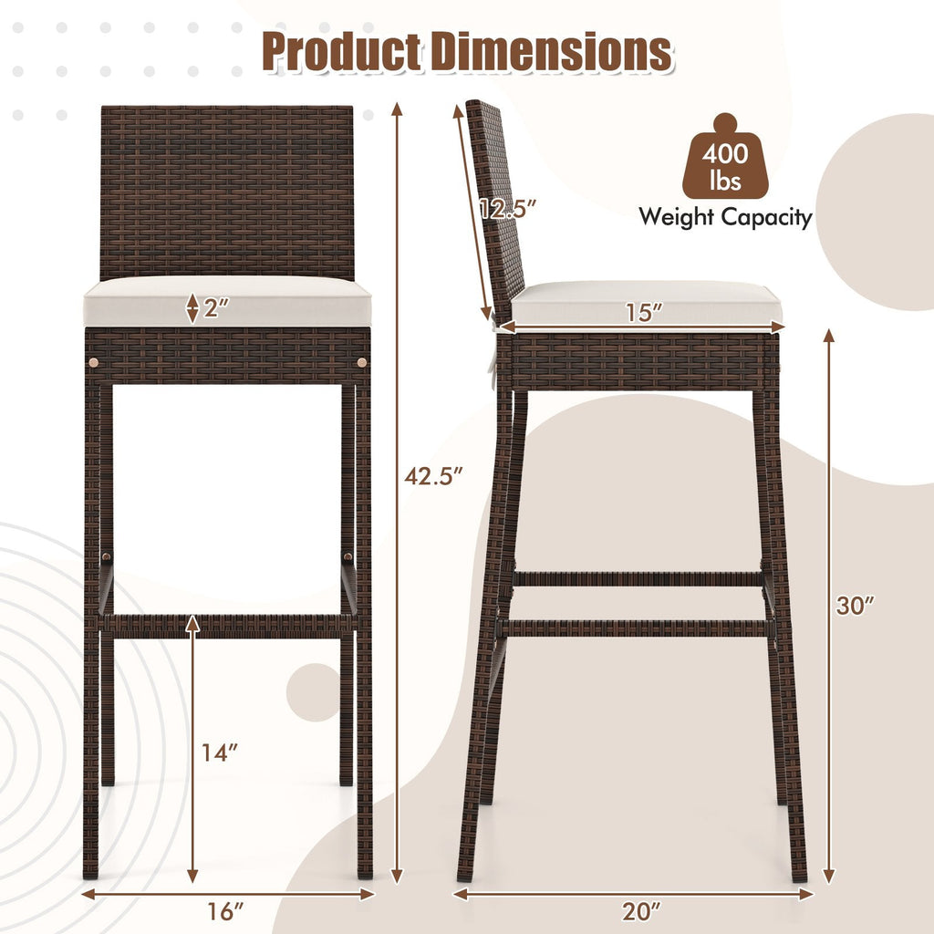 Juego de 4 taburetes de bar de mimbre para patio con cojín de asiento y reposapiés - Juego de 4