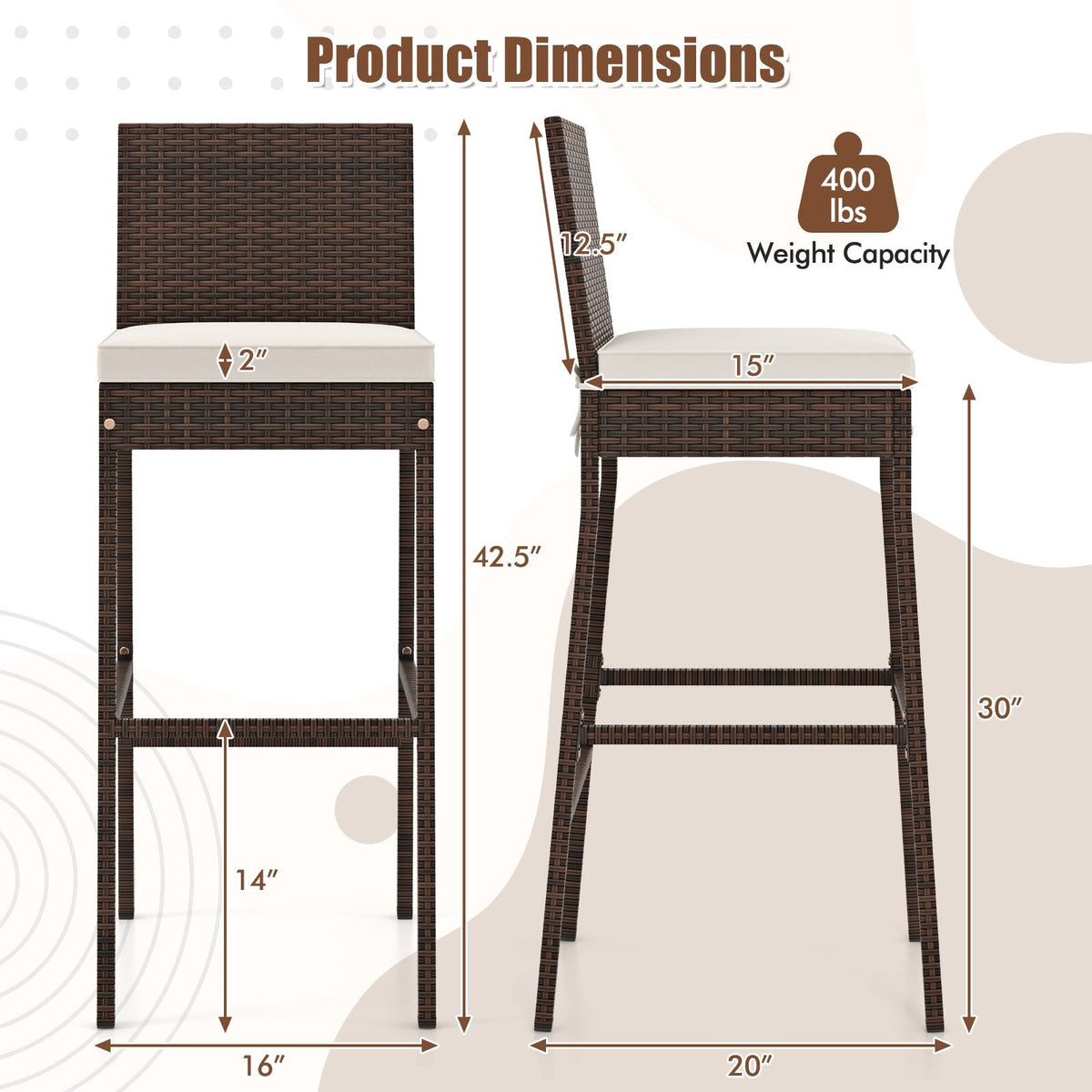 Juego de 4 taburetes de bar de mimbre para patio con cojín de asiento y reposapiés - Juego de 4