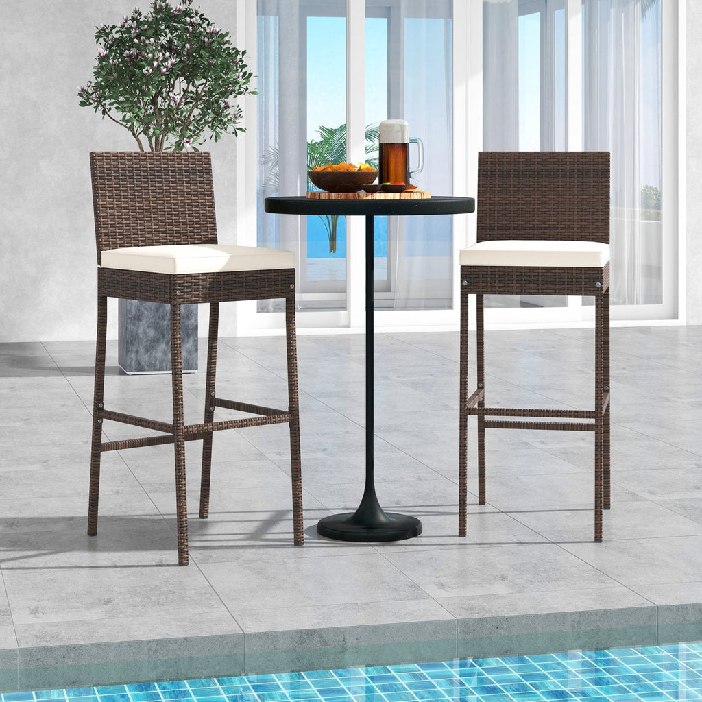 Juego de 4 taburetes de bar de mimbre para patio con cojín de asiento y reposapiés - Juego de 4