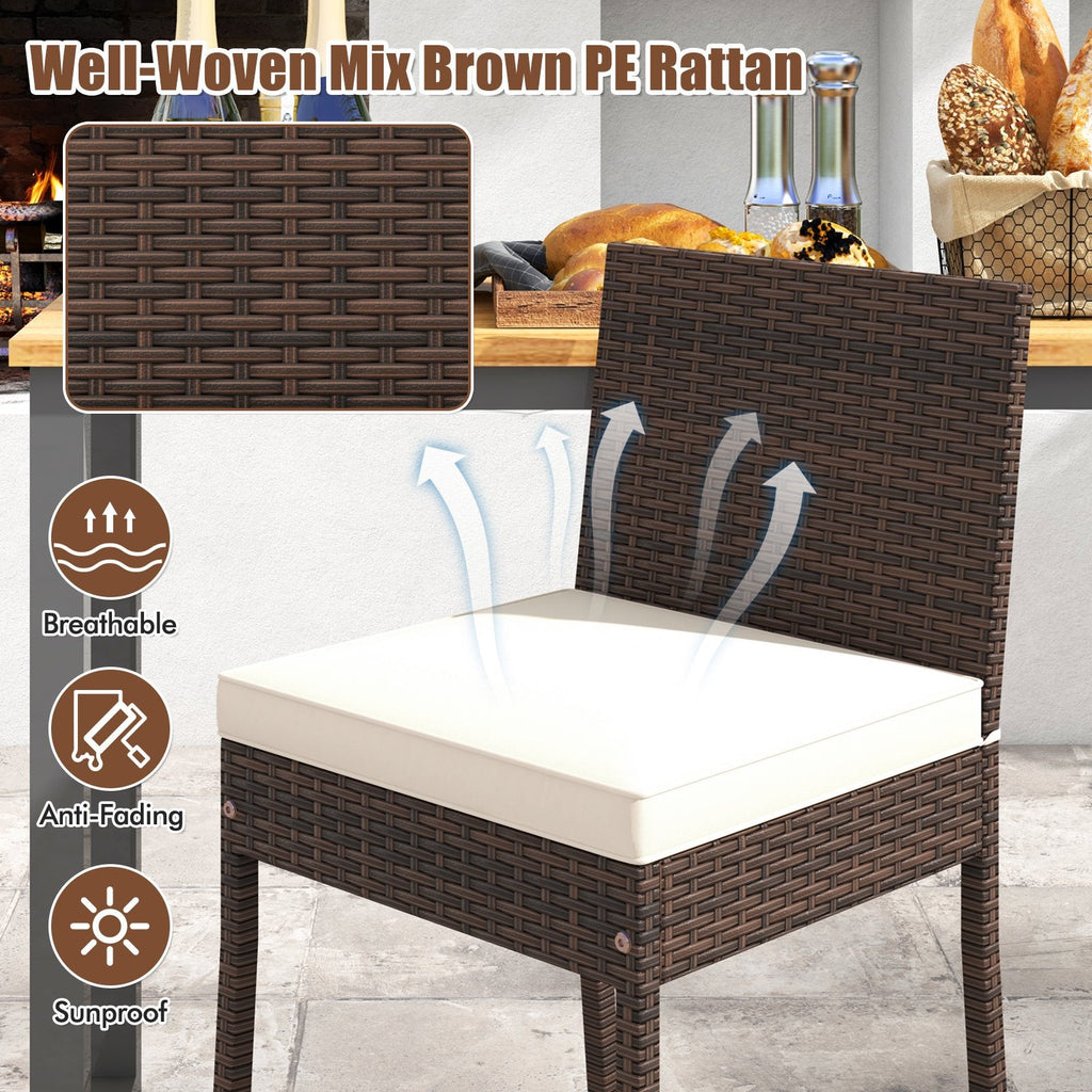 Juego de 4 taburetes de bar de mimbre para patio con cojín de asiento y reposapiés - Juego de 4