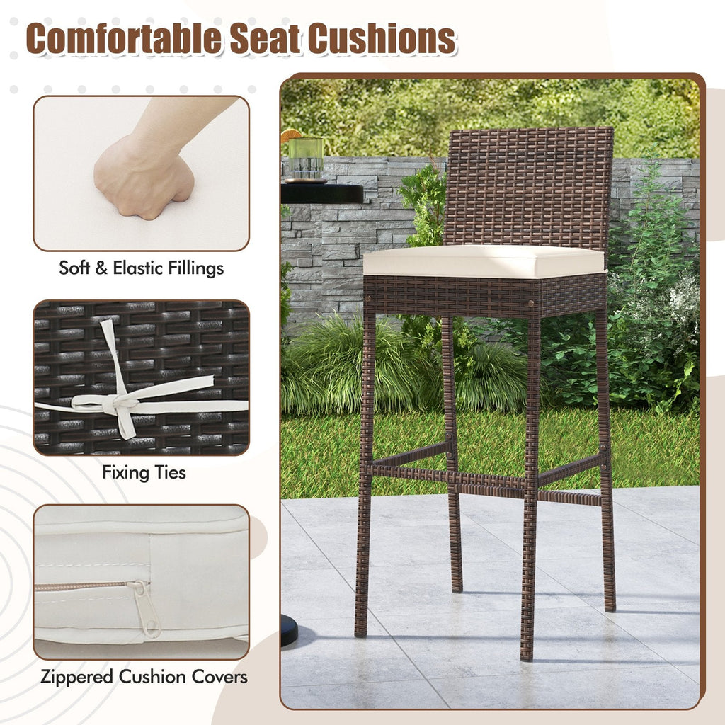 Juego de 4 taburetes de bar de mimbre para patio con cojín de asiento y reposapiés - Juego de 4