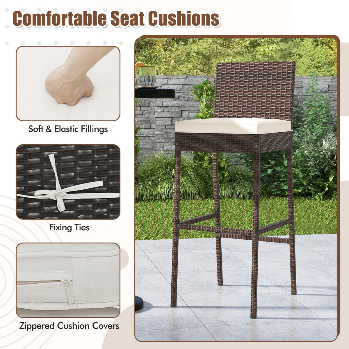 Juego de 4 taburetes de bar de mimbre para patio con cojín de asiento y reposapiés - Juego de 4