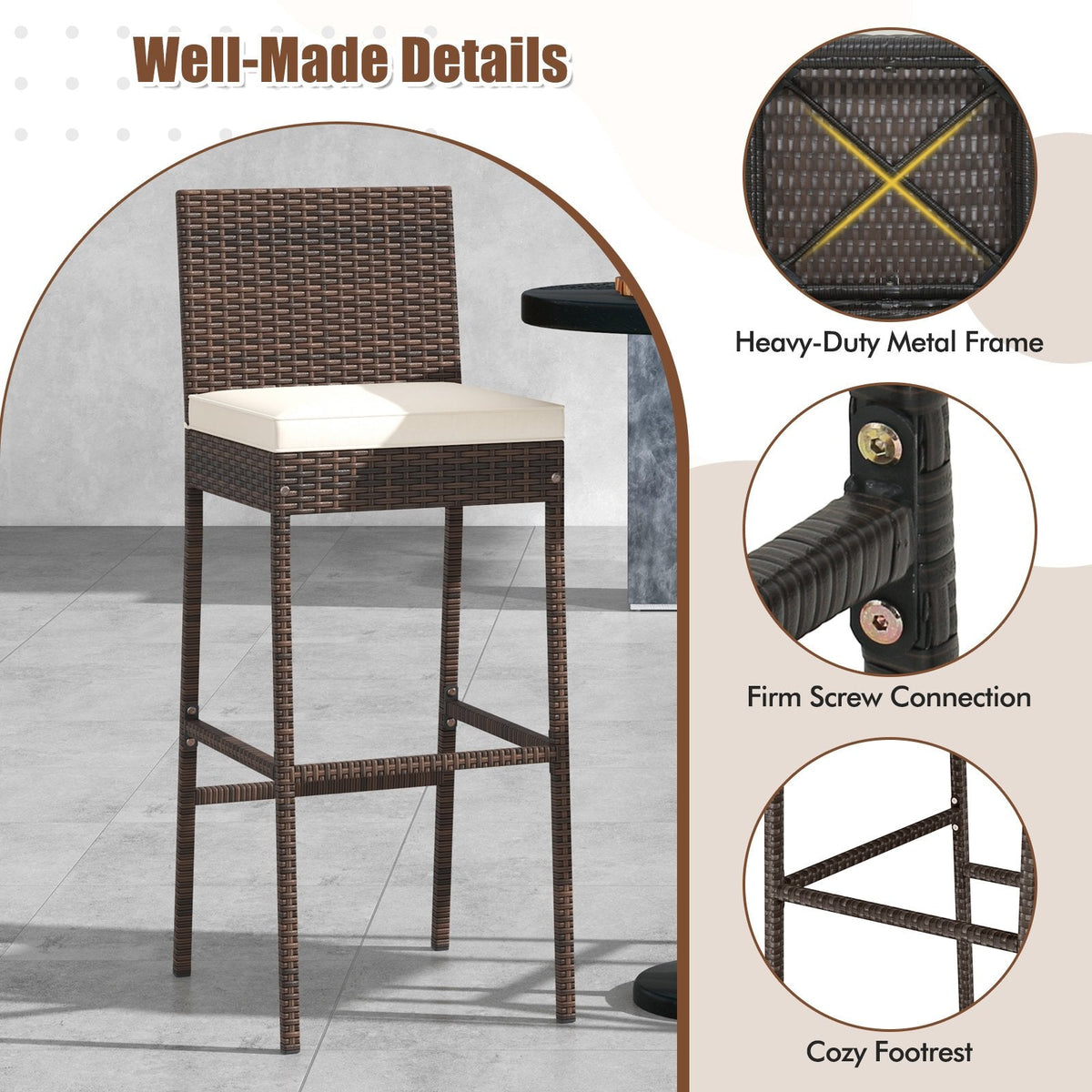 Juego de 4 taburetes de bar de mimbre para patio con cojín de asiento y reposapiés - Juego de 4