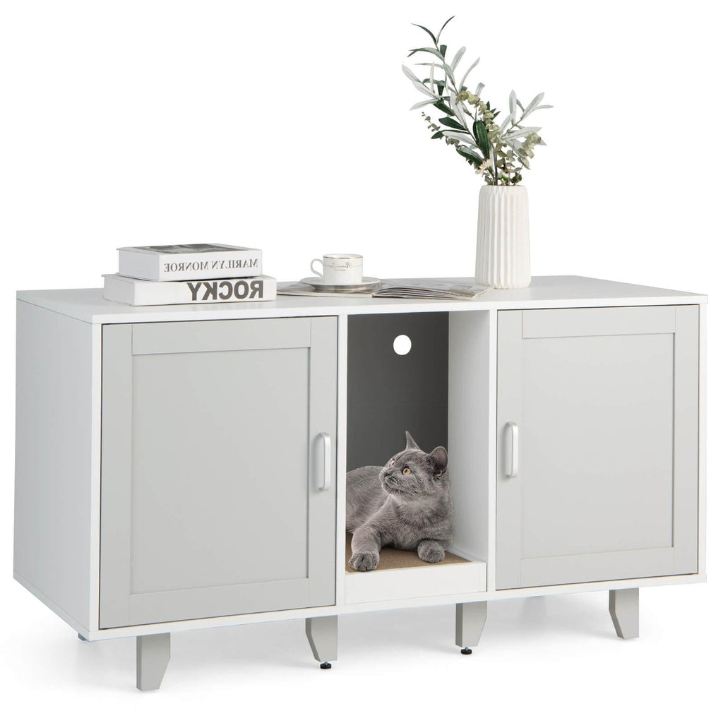 Recinto patentado para arenero de gato con 2 puertas, entrada sinuosa y tabla rascadora, gris