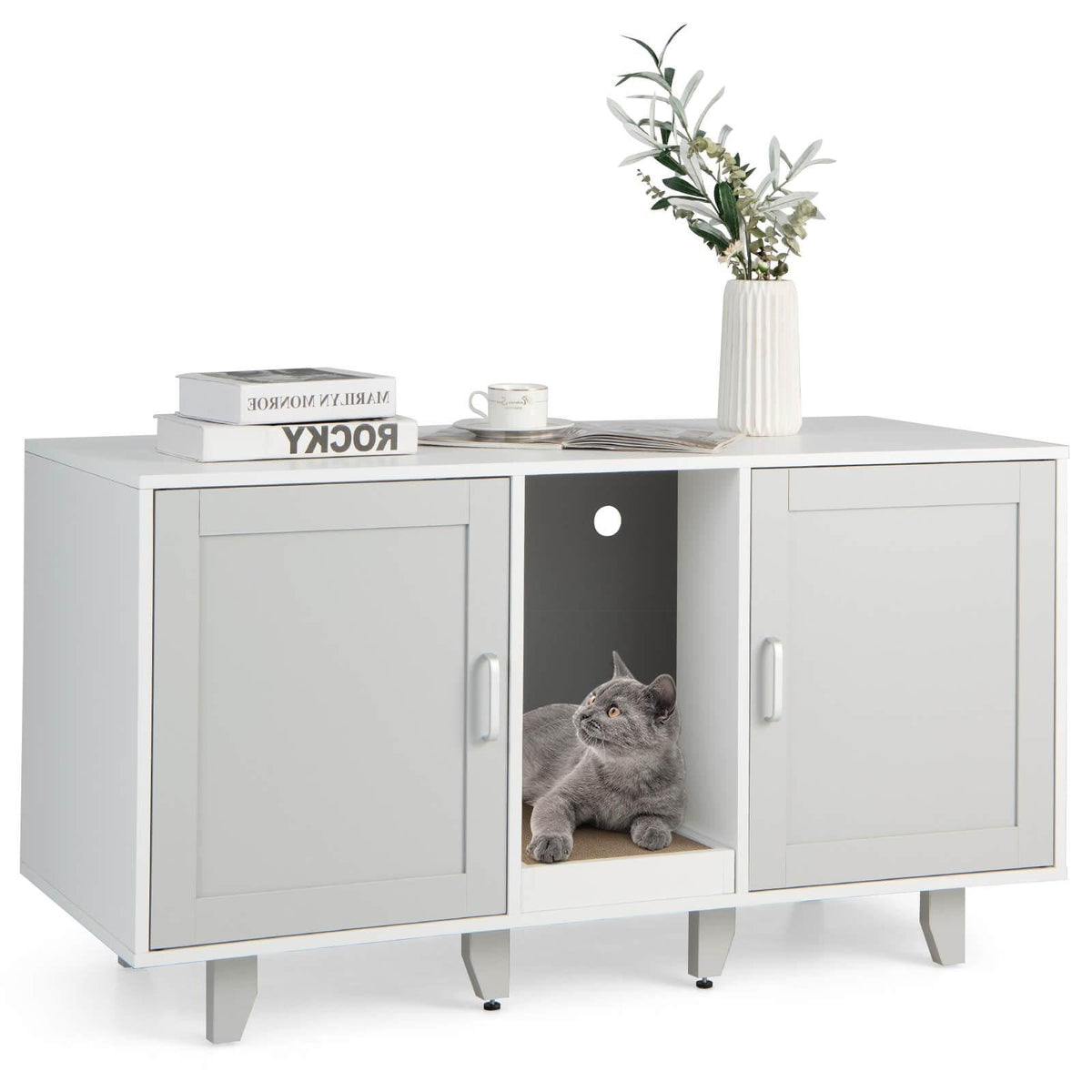 Recinto patentado para arenero de gato con 2 puertas, entrada sinuosa y tabla rascadora, gris