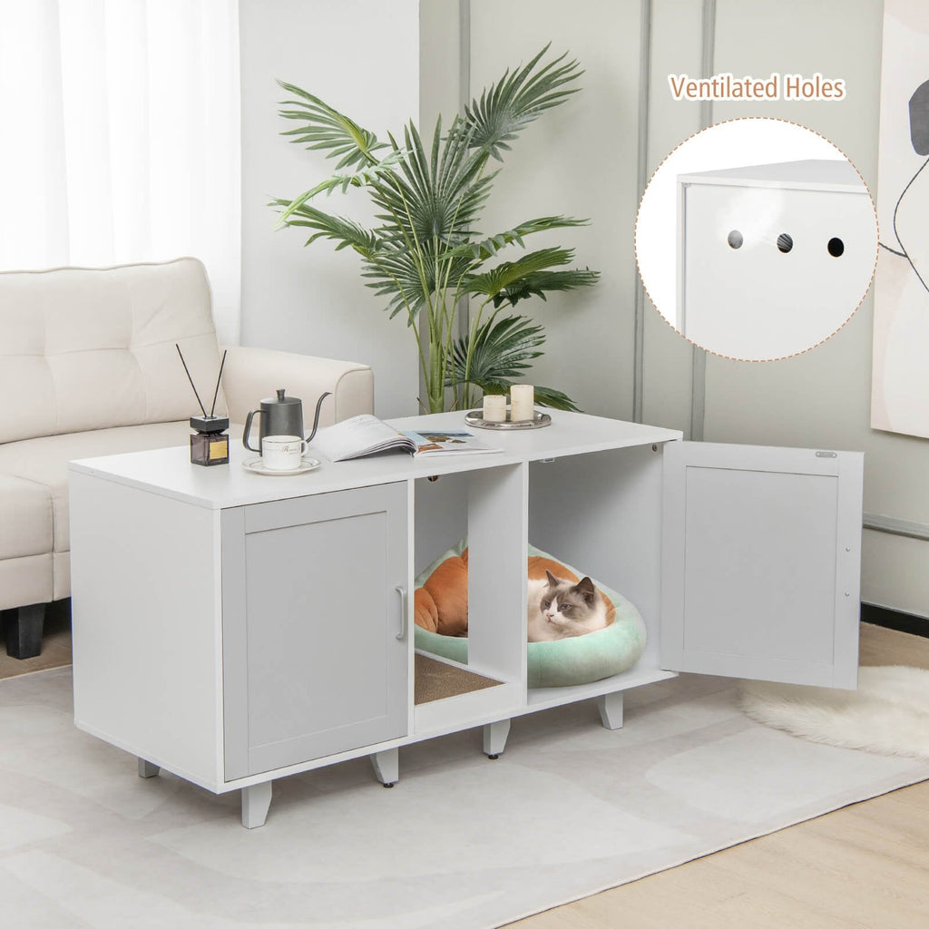 Recinto patentado para arenero de gato con 2 puertas, entrada sinuosa y tabla rascadora, gris