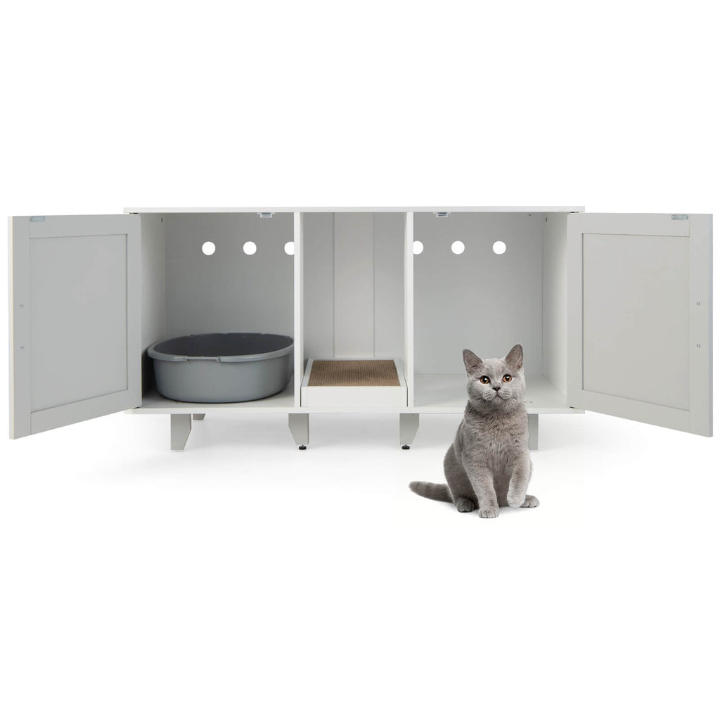 Recinto patentado para arenero de gato con 2 puertas, entrada sinuosa y tabla rascadora, gris