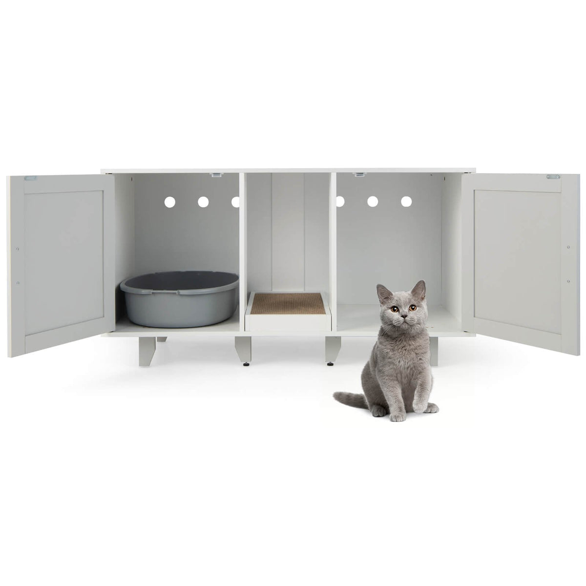 Recinto patentado para arenero de gato con 2 puertas, entrada sinuosa y tabla rascadora, gris
