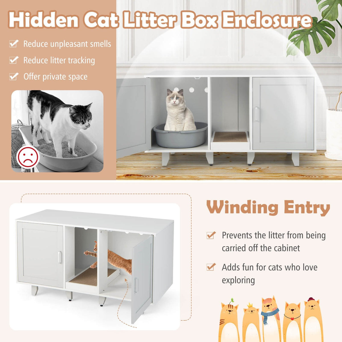 Recinto patentado para arenero de gato con 2 puertas, entrada sinuosa y tabla rascadora, gris