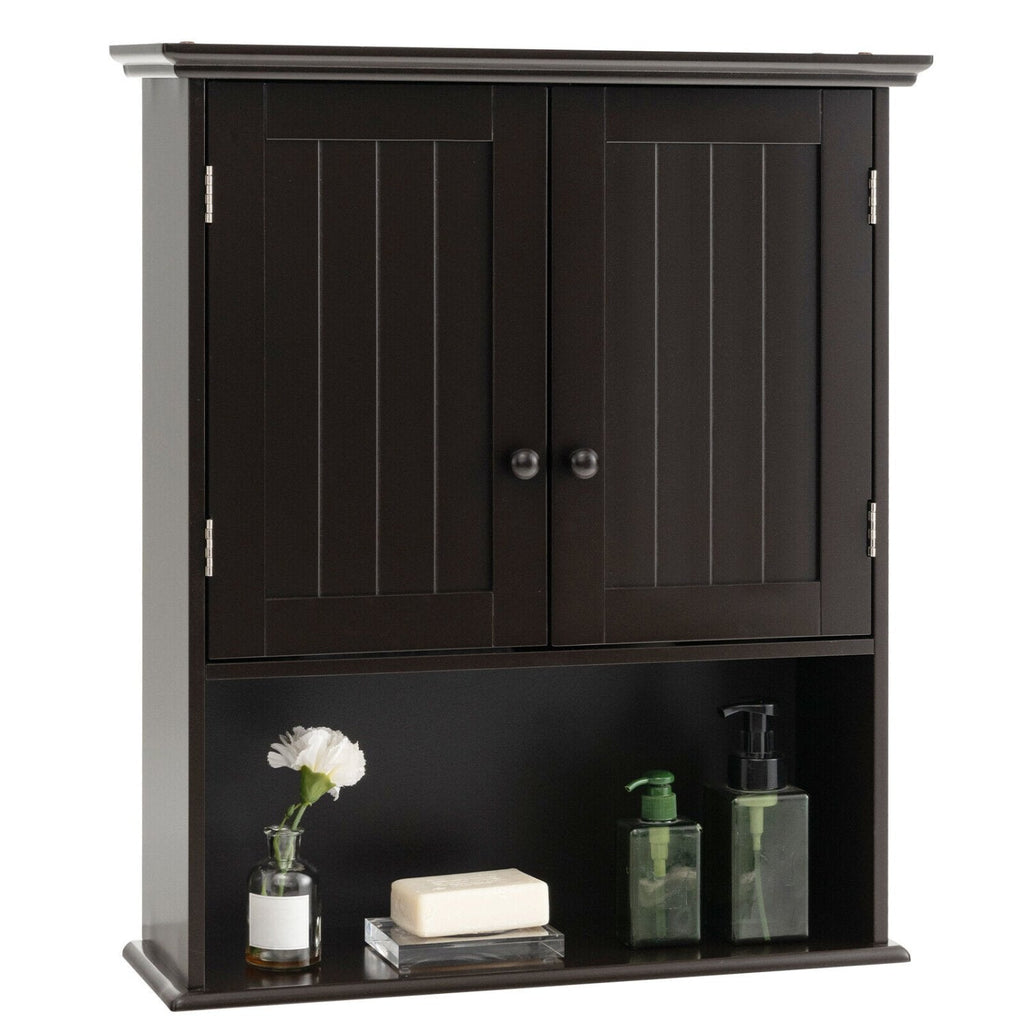 Meuble de rangement mural de salle de bain 2 portes avec étagère ouverte-Espresso