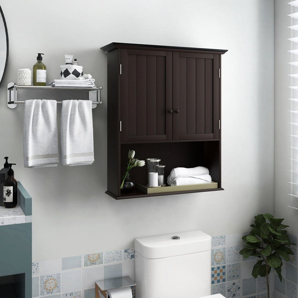 Meuble de rangement mural de salle de bain 2 portes avec étagère ouverte-Espresso